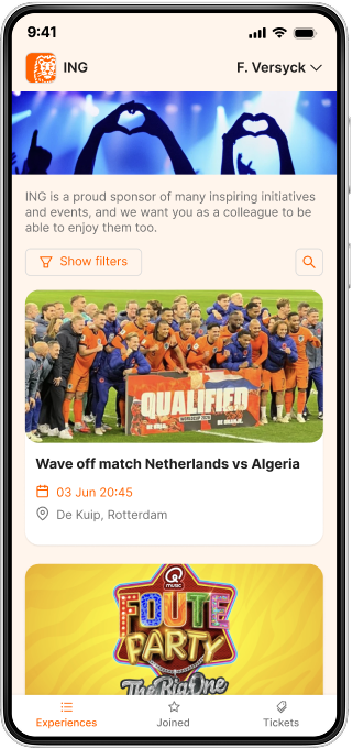 ING app showing the Seaters experiences list